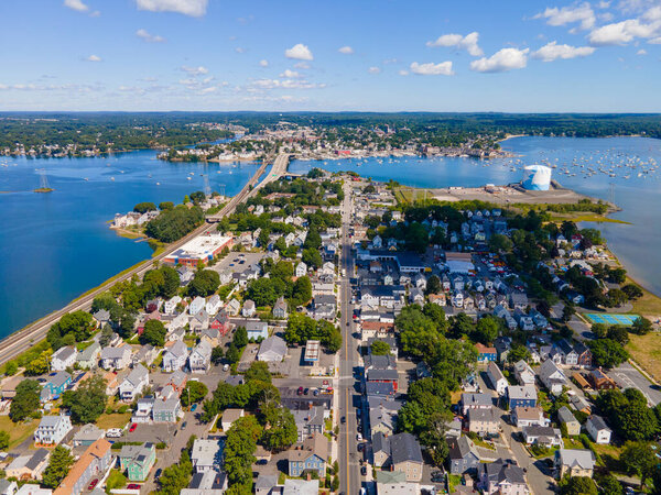 Aerial view of Salem Neck historic district, Danvers River, Beverly Harbor and Essex Bridge connecting Salem and Beverly in City of Salem, Massachusetts MA, USA.