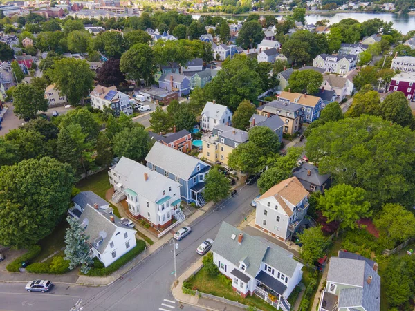 Old residence buildings aerial view in historic city center of Salem in Massachusetts MA, USA.