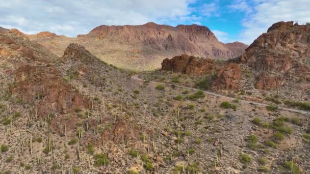 米国アリゾナ州ツーソン市のサガロ国立公園近くのゲイツ パスからソノラン砂漠の風景を持つツーソン山脈のゲイツ ロードの空中写真 — ストック動画