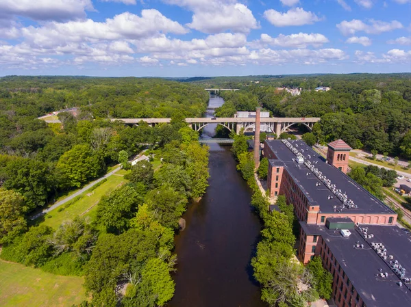 stock image Ashton Mill and George Washington Bridge aerial view at Blackstone River between town of Cumberland and Lincoln, Rhode Island RI, USA. 