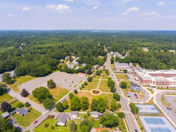 Stock image Wilmington historic town center aerial view at Town Common with Wilmington Public High School in summer in town of Wilmington, Massachusetts MA, USA. 