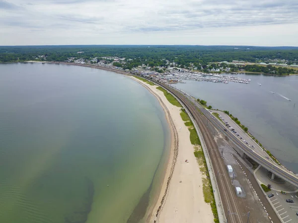 stock image Niantic Beach and Boardwalk aerial view in a cloudy day between Niantic River and Niantic Bay in village of Niantic, East Lyme, Connecticut CT, USA. 