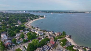 Pequot Point Beach and New London Harbor Lighthouse at the mouth of Thames River in city of New London, Connecticut CT, USA. 