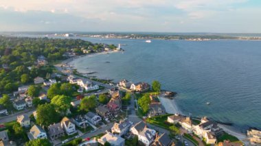 Pequot Point Beach and New London Harbor Lighthouse at the mouth of Thames River in city of New London, Connecticut CT, USA. 