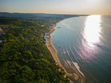 Kumkoy beach aerial view at Black Sea near historic town center Kumkoy, Sariyer district of Istanbul, Turkey. 