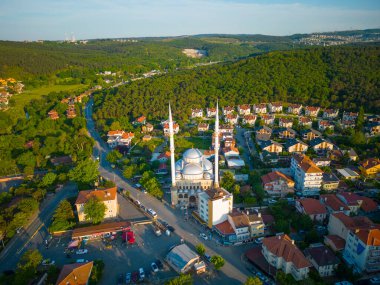 Kilyos Merkez Camii Mosque aerial view in historic town center of Kumkoy in Sariyer district of Istanbul, Turkey. 