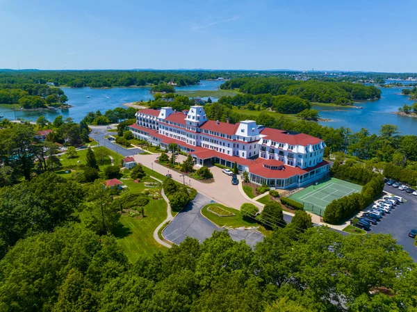 stock image Wentworth by the Sea aerial view at the mouth of Piscataqua River in New Castle, New Hampshire NH, USA. The historic grand hotel dates back to Gilded Age built in 1874. 