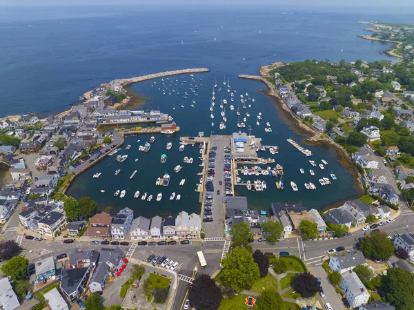 stock image Rockport Harbor aerial view including Bearskin Neck and Motif Number 1 building in historic waterfront village of Rockport, Massachusetts MA, USA. 