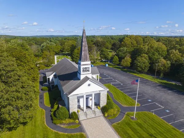 Our Lady of Good Counsel Church aerial view at 111 Worcester Street at Town Common in historic town center of West Boylston, Massachusetts MA, USA.