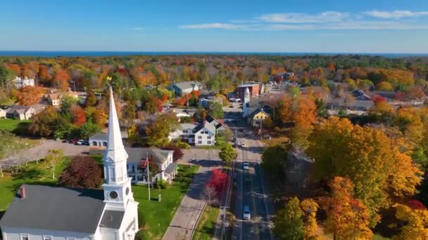 York Village Historic Center Aerial View Fall Including First Parish — Stockvideo