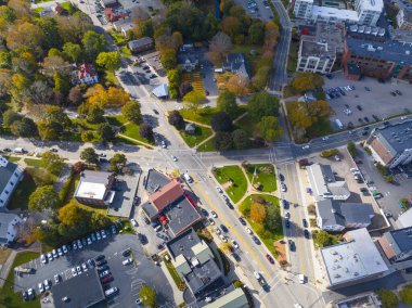 Walpole tarihi şehir merkezi hava manzarası ana caddedeki Town Common, Walpole, Massachusetts MA, ABD. 