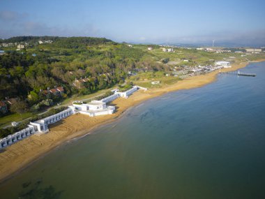Kumkoy beach aerial view at Black Sea near historic town center Kumkoy, Sariyer district of Istanbul, Turkey. 