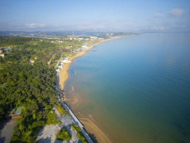 Kumkoy beach aerial view at Black Sea near historic town center Kumkoy, Sariyer district of Istanbul, Turkey. 