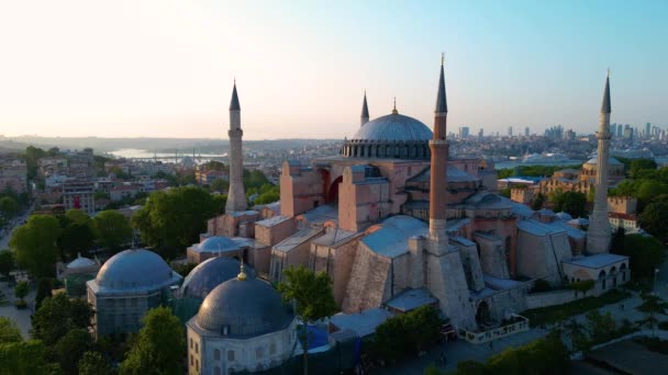 Hagia Sophia Aerial View Sunset Golden Horn Background Sultanahmet Historic — Stock Video