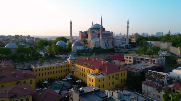 Hagia Sophia Vue Aérienne Coucher Soleil Avec Corne Arrière Plan — Video