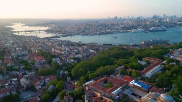 Hagia Sophia Vue Aérienne Coucher Soleil Avec Corne Arrière Plan — Video