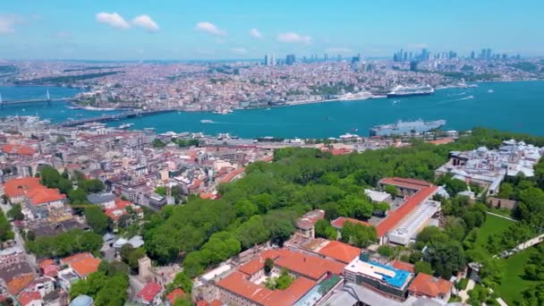 Historische Luftaufnahme Von Istanbul Mit Goldenem Horn Beyoglu Topkapi Palast — Stockvideo