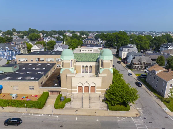 Temple Beth El of Fall River aerial view at 385 High Street in historic downtown Fall River, Massachusetts MA, USA.