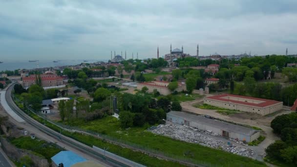 Blå Moskén Och Hagia Sophias Flygbild Sultan Ahmet Park Sultanahmet — Stockvideo