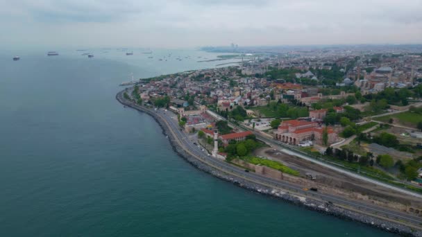 Blue Mosque Hagia Sophia Topkapi Palace Aerial View Bosporus Strait — Stock Video