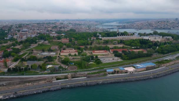 Hagia Sophia Topkapi Palota Golden Horn Légi Kilátással Bosporus Szorosból — Stock videók