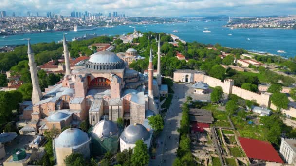 トルコの歴史的な都市イスタンブールのスルタンハメット地区のボスポラス海峡からゴールデンホルンを眺めるトプカピ宮殿ハイアソフィア イスタンブールの歴史はユネスコの世界遺産です — ストック動画