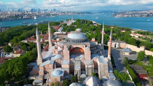 トルコの歴史的な都市イスタンブールのスルタンハメット地区のボスポラス海峡からゴールデンホルンを眺めるトプカピ宮殿ハイアソフィア イスタンブールの歴史はユネスコの世界遺産です — ストック動画