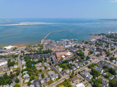 Plymouth liman manzarası Mayflower ve Plymouth Jetty dahil Plymouth Harbor, Plymouth, Massachusetts MA, ABD. 