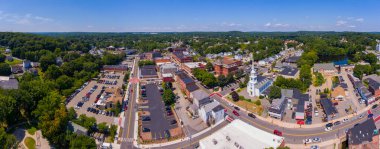 Hudson historic town center aerial view including Unitarian Church Marlborough and Town Hall on Main Street in town of Hudson, Massachusetts MA, USA.  clipart