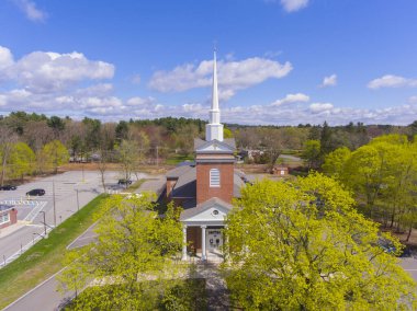 Tewksbury Congregational Church aerial view in spring at 10 East Street on Town Common in historic town center of Tewksbury, Middlesex County, Massachusetts MA, USA.  clipart