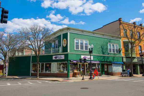 stock image Historic commercial buildings on Main Street in historic city center of Melrose, Middlesex County, Massachusetts MA, USA. 