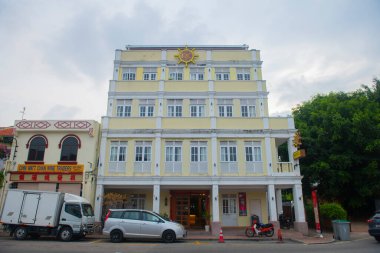 Tarihi şehir merkezi Melaka, Malezya 'daki Jalan Kampung Pantai Caddesi' ndeki tarihi ticari binalar. Malacca Boğazı 'nın tarihi şehirleri UNESCO' nun Dünya Mirası Alanıdır.. 