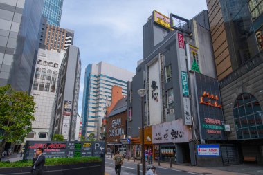 Modern commercial building on Hanamichi dori Street at Kabukicho 2 Chome in Kabukicho, Shinjuku City, Tokyo, Japan.  clipart