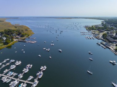 Merrimack River aerial view near the river mouth to the Atlantic Ocean in historic downtown Newburyport, Massachusetts MA, USA. clipart