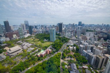 Tokyo modern şehir gökyüzü manzarası Minato City, Tokyo, Japonya 'daki Tokyo Kulesi' nin ana güvertesinden Zojo Ji Tapınağı da dahil..