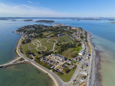 Hull Village aerial view including Telegraph Hill and Village Cemetery in Hingham Bay in Boston Harbor, the peninsula is part of Hull, Massachusetts MA, USA.  clipart