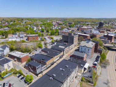 Woonsocket Main Street Historic District hava görüntüsü Woonsocket şehir merkezinde, Rhode Island RI, ABD.