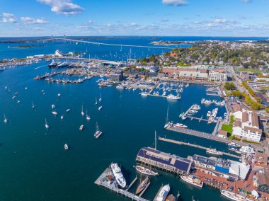 Newport Harbor aerial view with Claiborne Pell Newport Bridge at the background in Narragansett Bay, city of Newport, Rhode Island RI, USA.  clipart