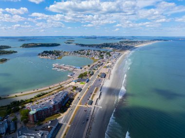 Nantasket Beach aerial view with Hingham Bay at the background, viewed from town of Hull, Massachusetts MA, USA.  clipart