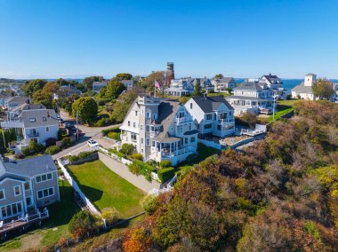 Allerton 'un tarihi Allerton köyündeki Point Allerton Ateş Kontrol Kulesi (FCT) hava görüntüsü, Hull, Massachusetts MA, ABD' nin bir parçasıdır.. 