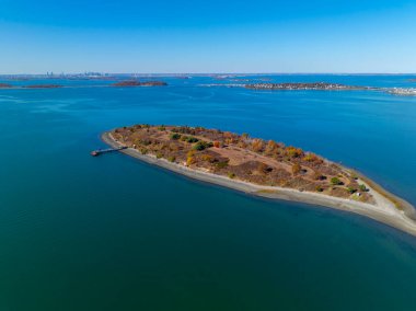 Bumpkin Island aerial view in fall with foliage in Hingham Bay, town of Hull, Massachusetts MA, USA. This Island belongs to Boston Harbor Islands National Recreational Area.  clipart