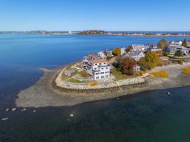 Sunset Point aerial view in fall with historic waterfront building in Hingham Bay, town of Hull, Massachusetts MA, USA.  clipart