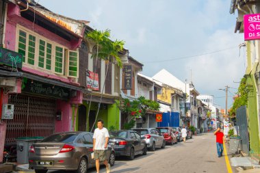 Historic commercial buildings on Lorong Hang Jebat Street in city center of Melaka, Malaysia. Historic cities of the Strait of Malacca is a World Heritage Site.  clipart