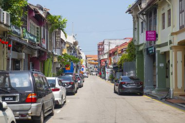 Malezya 'nın başkenti Melaka' da Lorong Hang Jebat Caddesi 'ndeki tarihi ticari binalar. Malacca Boğazı 'nın tarihi şehirleri bir Dünya Mirası alanıdır.. 