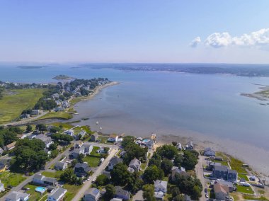 Weymouth Fore River mouth aerial view to Hingham Bay at Rock Island Cove in city of Quincy, Massachusetts MA, USA.  clipart