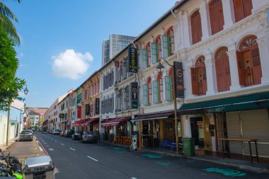 Çin Mahallesi, Outram Bölgesi, Singapur, Çin Mahallesi South Bridge Yolu 'ndaki Cami Sokağı' nda Çin-Portekiz tarzı ticari mimari..