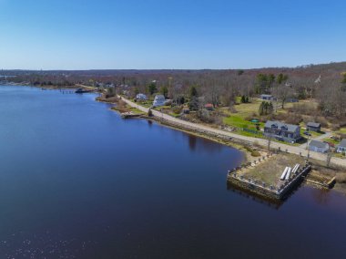 Dighton Wharves hava manzaralı Dighton Wharves Tarihi Bölgesi, Dighton, Massachusetts MA, ABD. 