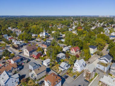 Pawtuxet Köyü hava görüntüsü, Cranston ve Warwick arasında sonbaharda, Rhode Island RI, ABD. 