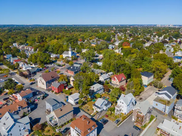 Pawtuxet Köyü hava görüntüsü, Cranston ve Warwick arasında sonbaharda, Rhode Island RI, ABD. 
