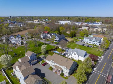 Tarihsel konut binaları Weir Village 'ın merkezindeki havadan görüntüler, Taunton şehri, Bristol County, Massachusetts MA, ABD. 